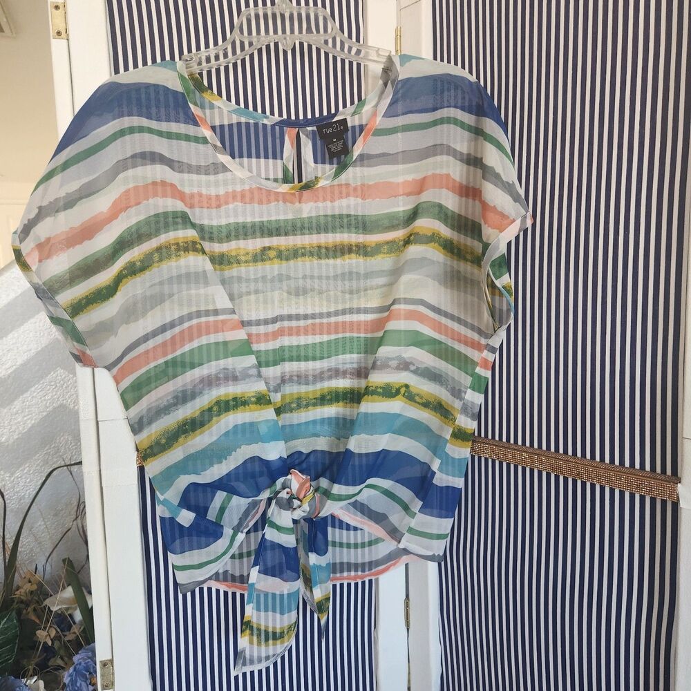 Rue21 multicolored striped sheer tie-front relaxed fit top-Size M